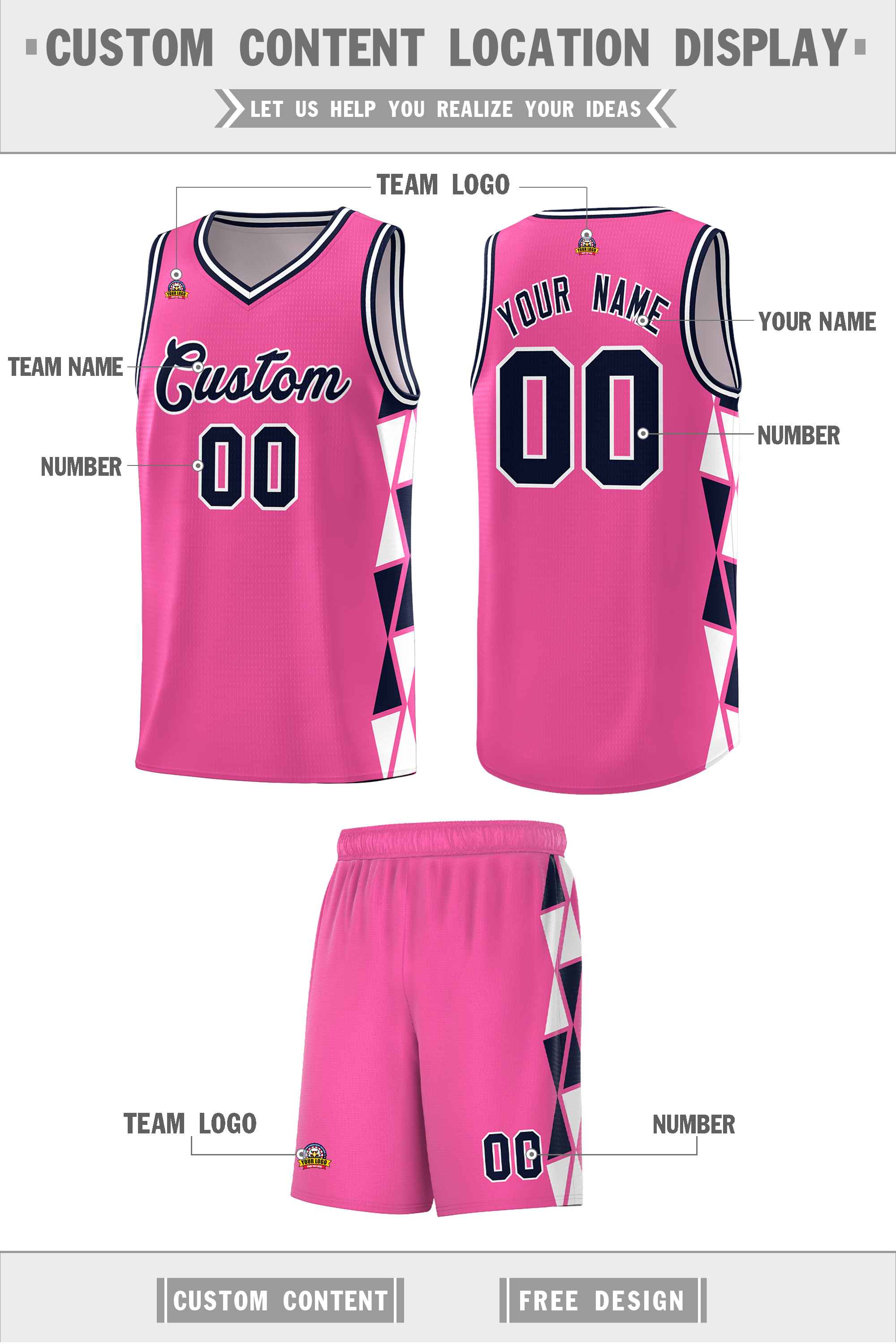 Custom Pink Navy-White Side Two-Color Triangle Splicing Sports Uniform Basketball Jersey