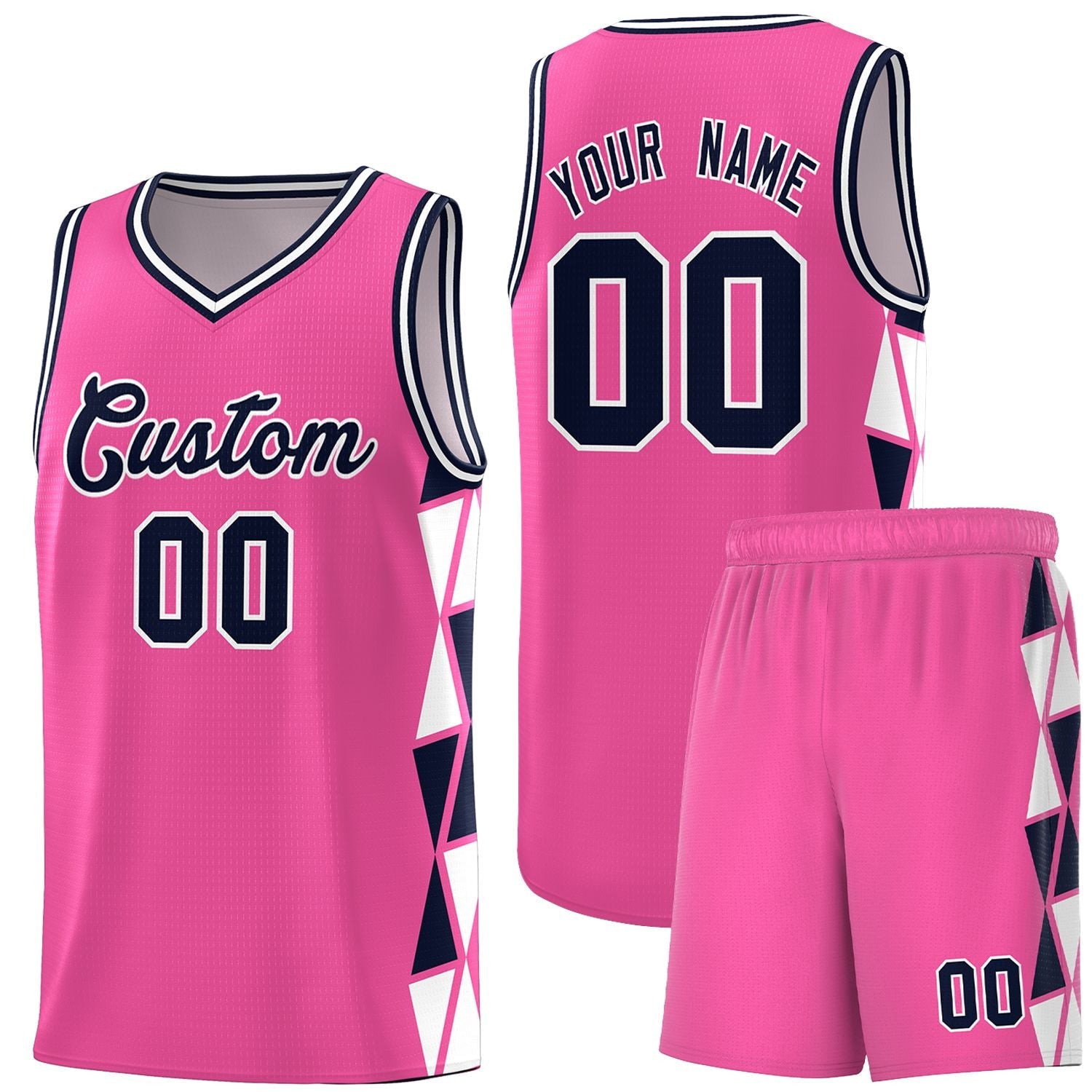 Custom Pink Navy-White Side Two-Color Triangle Splicing Sports Uniform Basketball Jersey