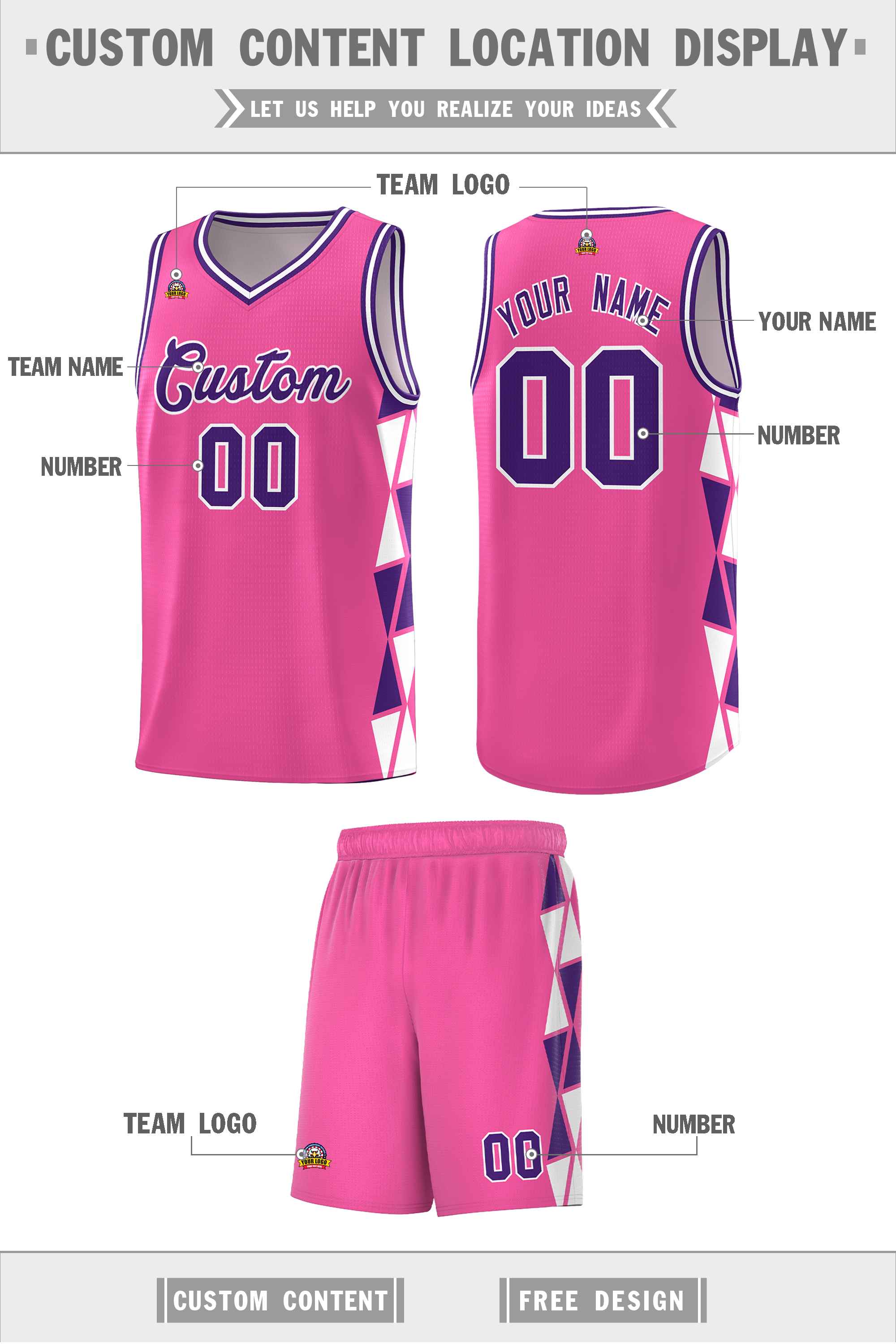 Custom Pink Purple-White Side Two-Color Triangle Splicing Sports Uniform Basketball Jersey