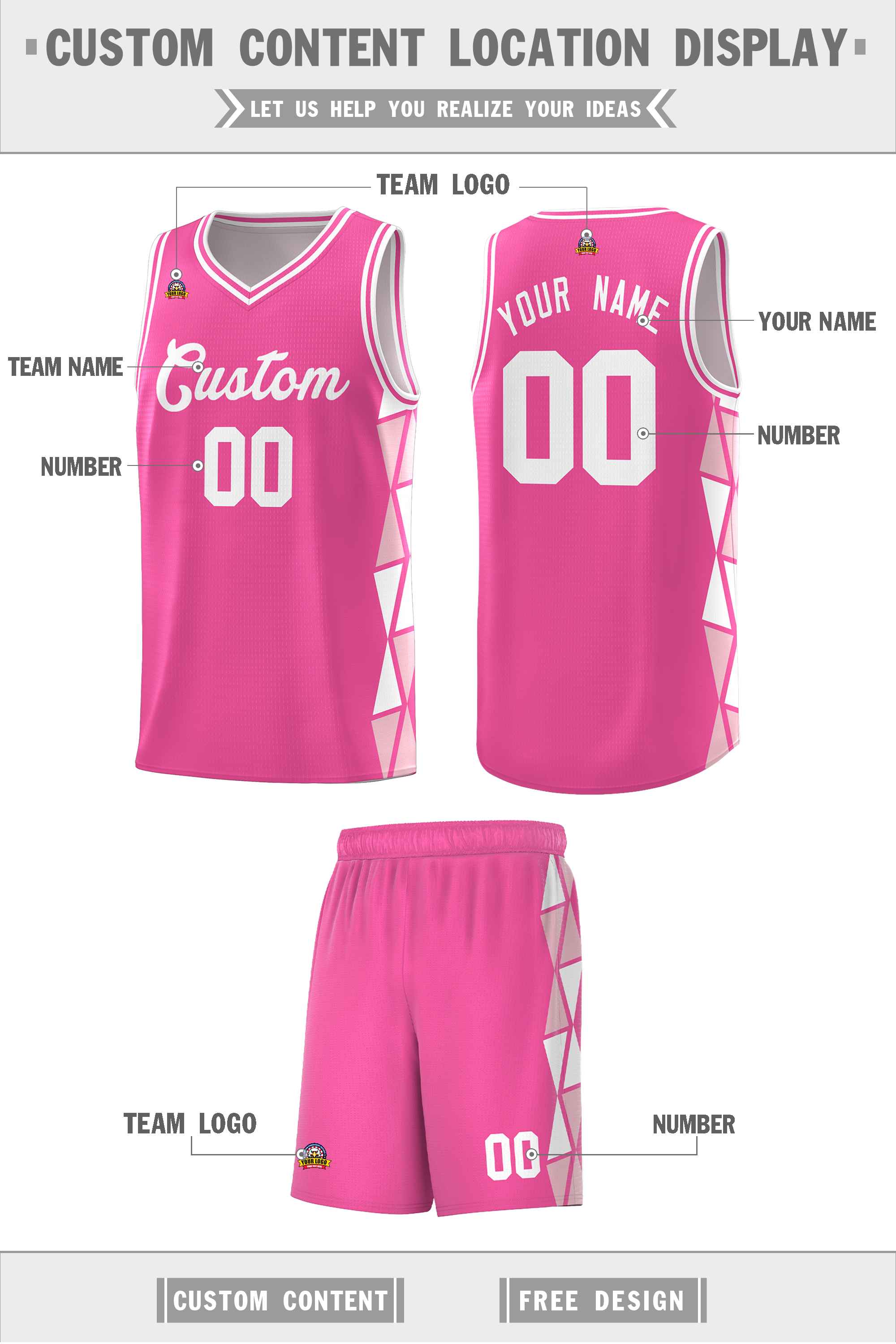 Custom Pink White-Light Pink Side Two-Color Triangle Splicing Sports Uniform Basketball Jersey