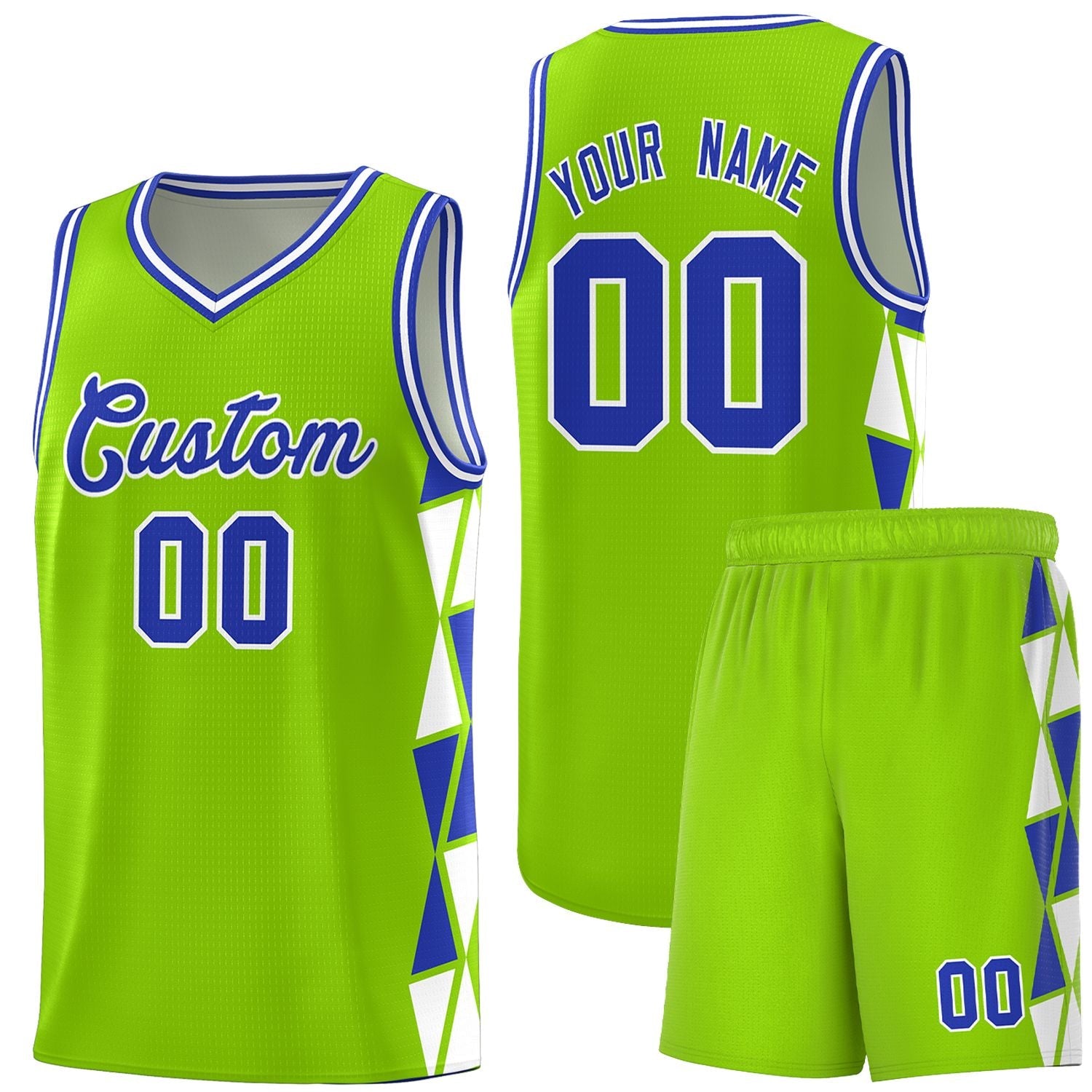 Custom Neon Green Royal-White Side Two-Color Triangle Splicing Sports Uniform Basketball Jersey