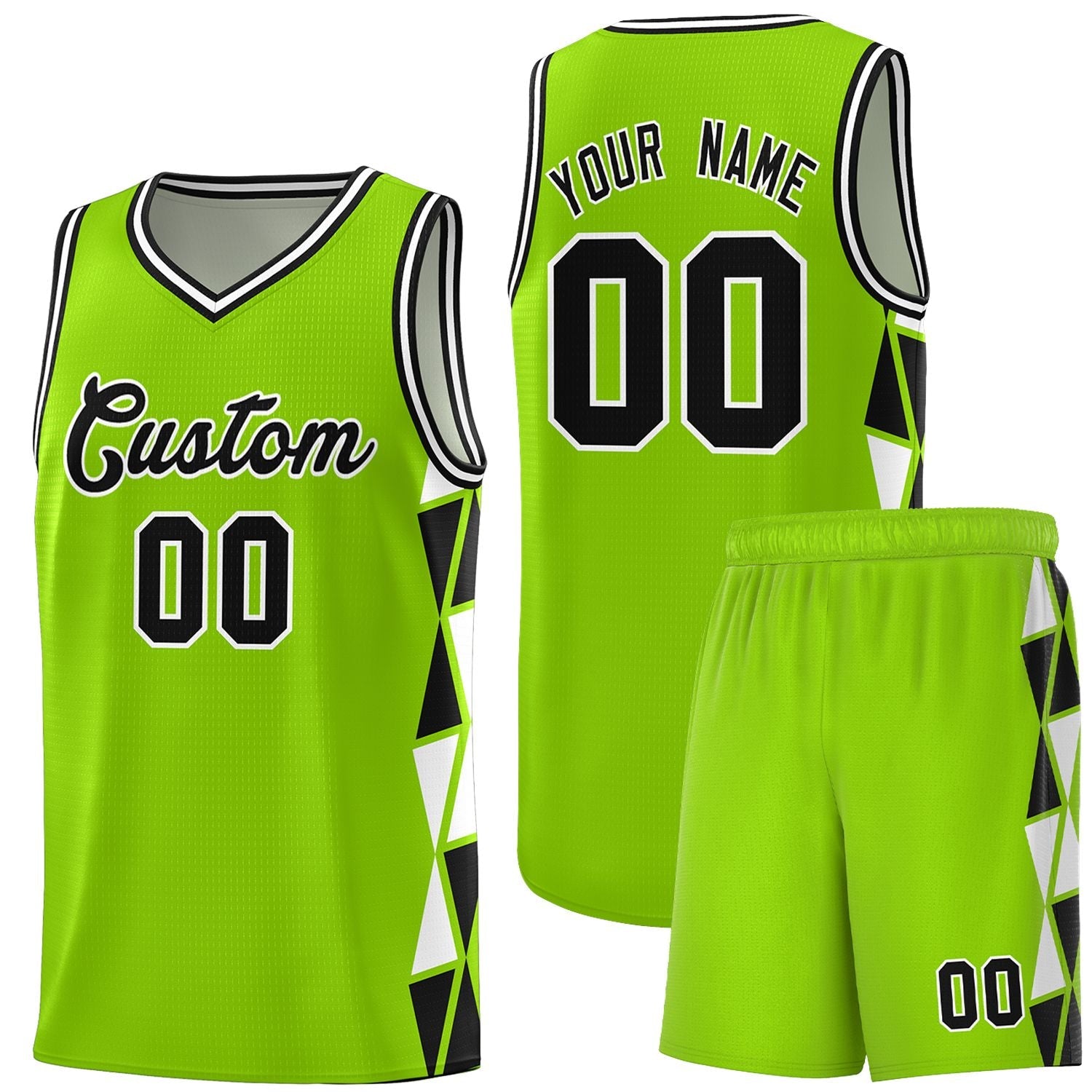 Custom Neon Green Black-White Side Two-Color Triangle Splicing Sports Uniform Basketball Jersey