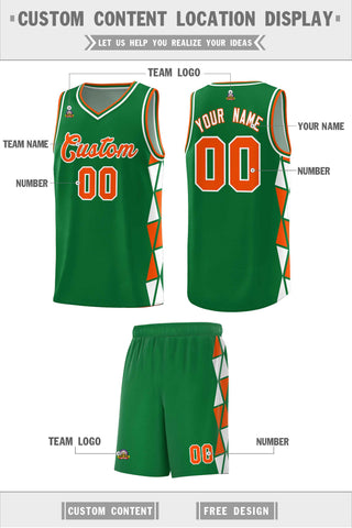 Custom Kelly Green Orange-White Side Two-Color Triangle Splicing Sports Uniform Basketball Jersey