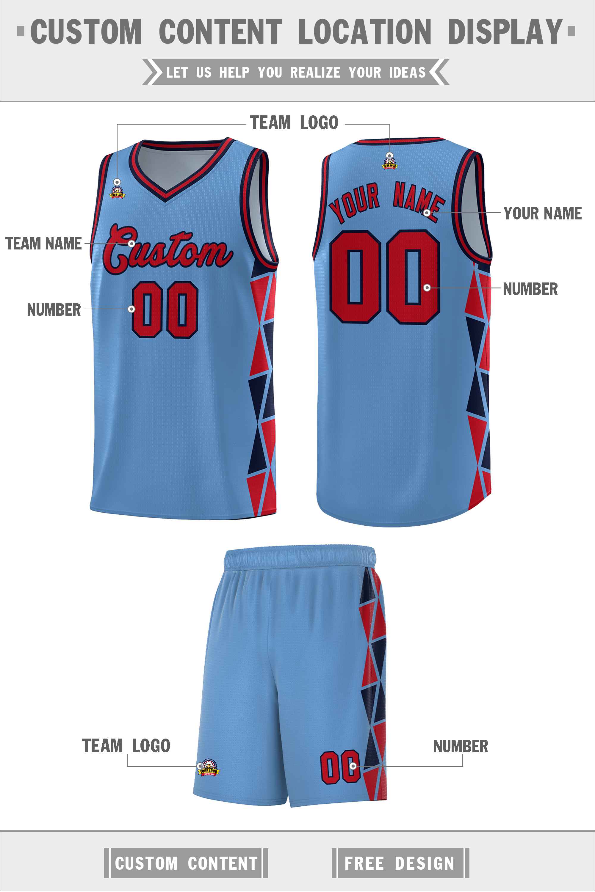 Custom Light Blue Red-Navy Side Two-Color Triangle Splicing Sports Uniform Basketball Jersey