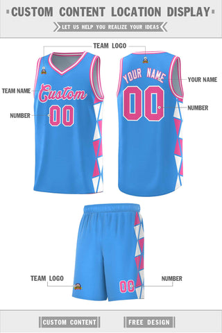 Custom Powder Blue Pink-White Side Two-Color Triangle Splicing Sports Uniform Basketball Jersey