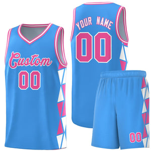 Custom Powder Blue Pink-White Side Two-Color Triangle Splicing Sports Uniform Basketball Jersey