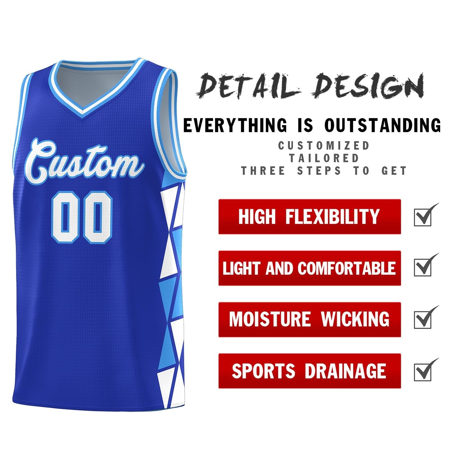 Custom Royal White-Powder Blue Side Two-Color Triangle Splicing Sports Uniform Basketball Jersey