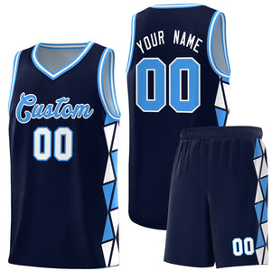 Custom Navy Powder Blue-White Side Two-Color Triangle Splicing Sports Uniform Basketball Jersey