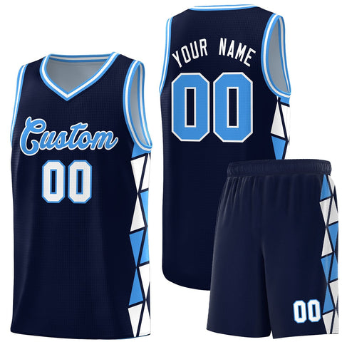 Custom Navy Powder Blue-White Side Two-Color Triangle Splicing Sports Uniform Basketball Jersey