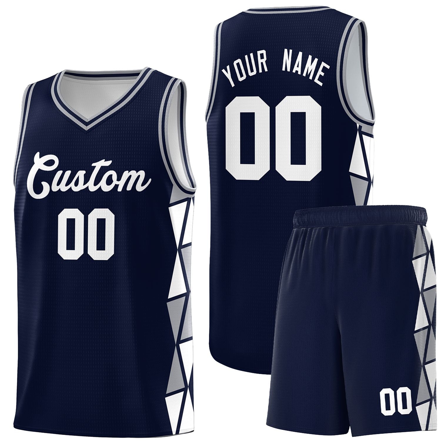 Custom Navy Gray-White Side Two-Color Triangle Splicing Sports Uniform Basketball Jersey