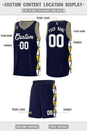 Custom Navy Gold-White Side Two-Color Triangle Splicing Sports Uniform Basketball Jersey