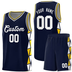 Custom Navy Gold-White Side Two-Color Triangle Splicing Sports Uniform Basketball Jersey