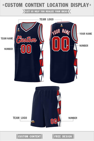 Custom Navy Red-White Side Two-Color Triangle Splicing Sports Uniform Basketball Jersey