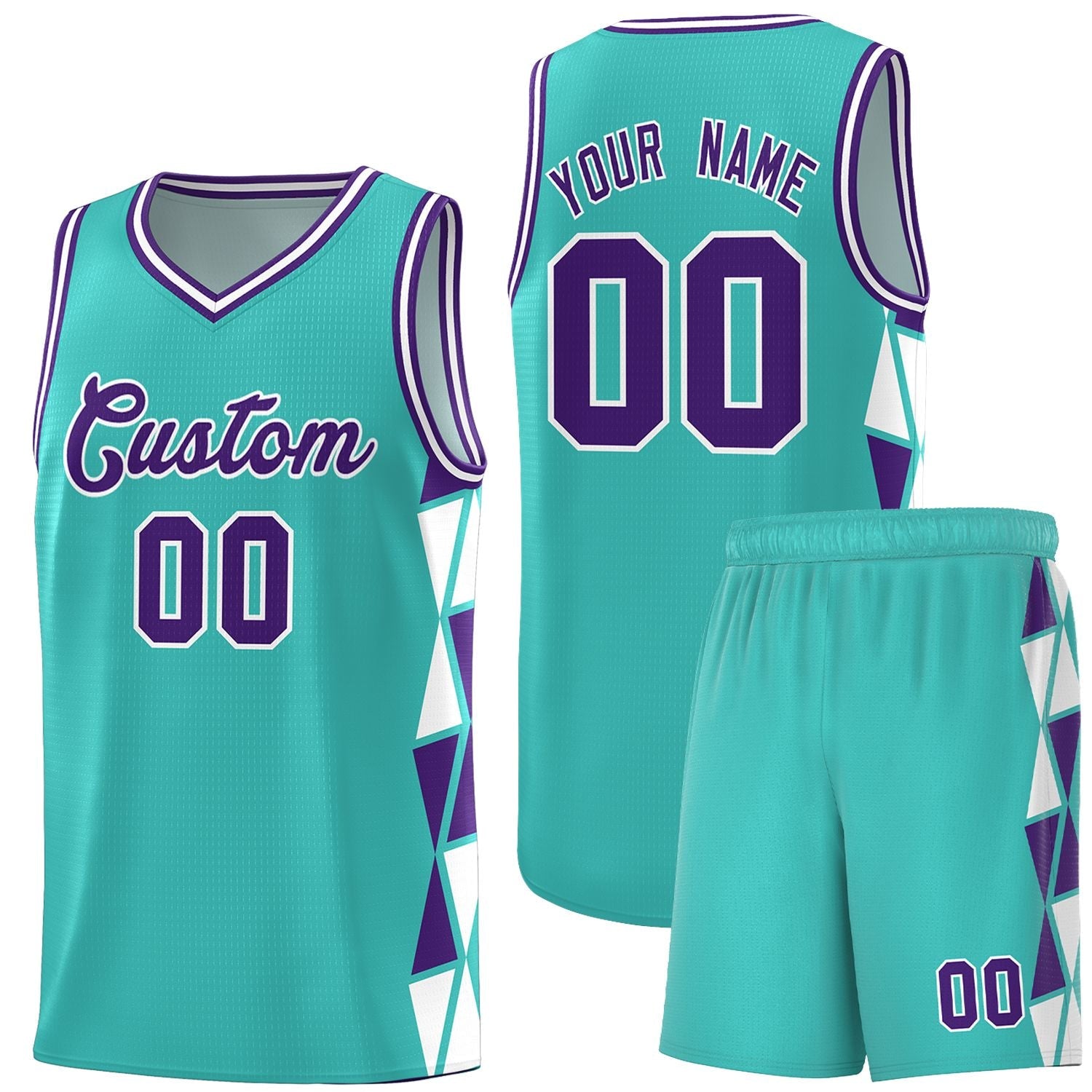 Custom Aqua Purple-White Side Two-Color Triangle Splicing Sports Uniform Basketball Jersey