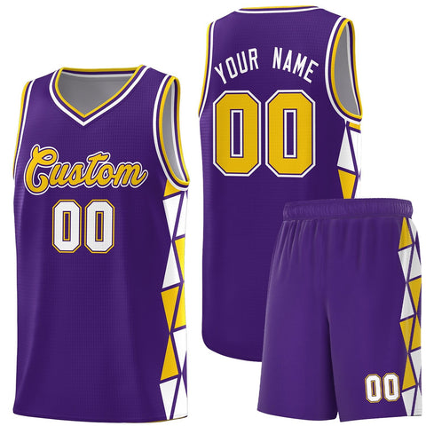 Custom Purple Gold-White Side Two-Color Triangle Splicing Sports Uniform Basketball Jersey