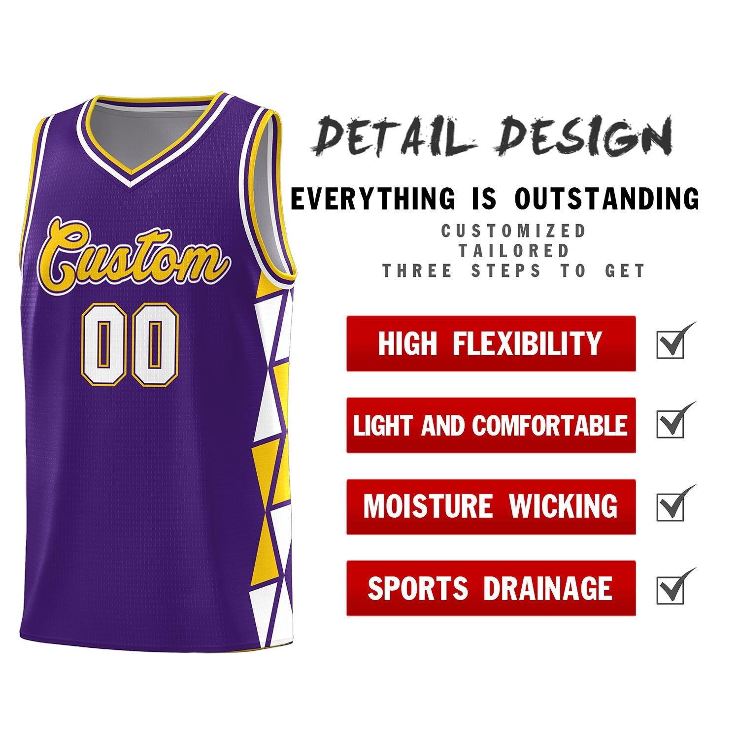 Custom Purple Gold-White Side Two-Color Triangle Splicing Sports Uniform Basketball Jersey