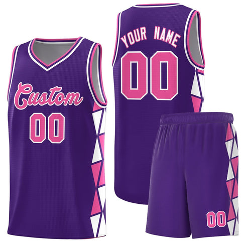 Custom Purple Pink-White Side Two-Color Triangle Splicing Sports Uniform Basketball Jersey