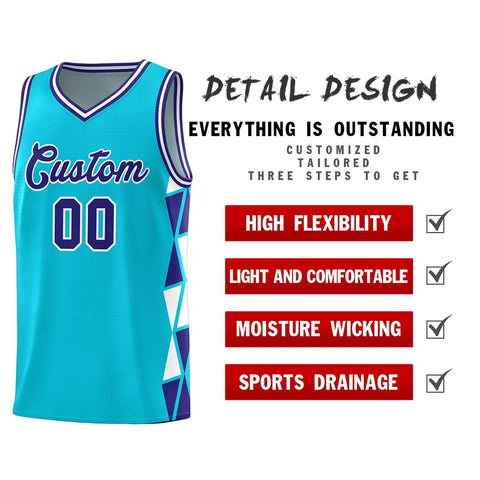 Custom Sky Blue Violet-White Side Two-Color Triangle Splicing Sports Uniform Basketball Jersey