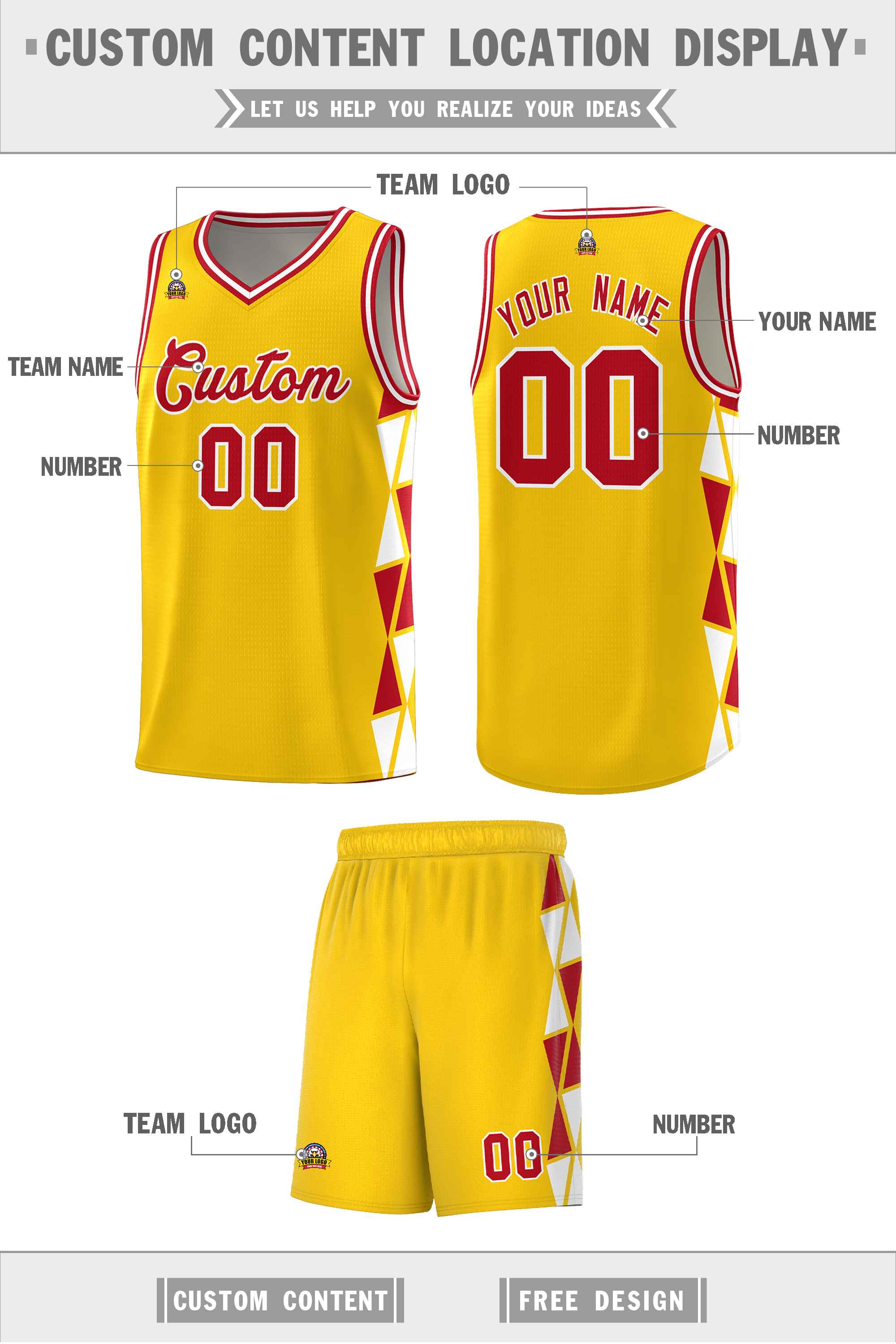 Custom Gold Red-White Side Two-Color Triangle Splicing Sports Uniform Basketball Jersey