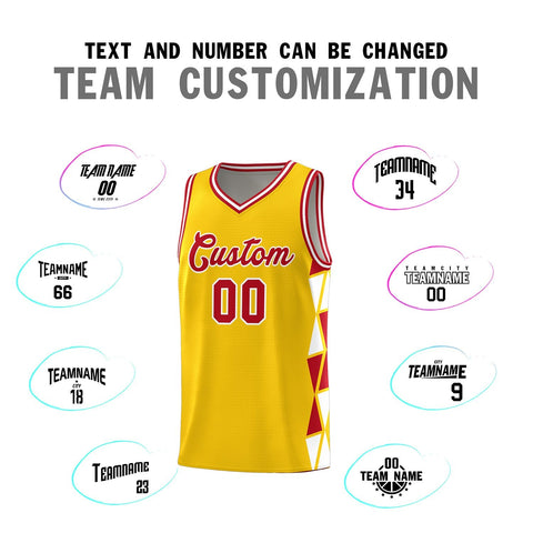 Custom Gold Red-White Side Two-Color Triangle Splicing Sports Uniform Basketball Jersey
