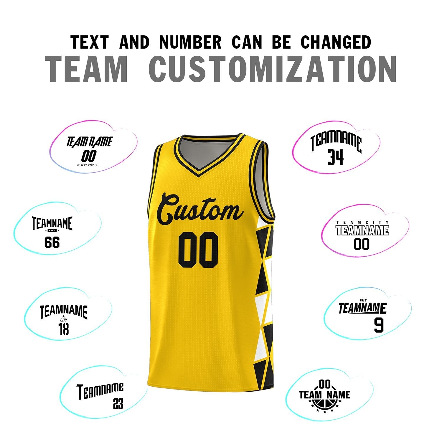 Custom Gold Black-White Side Two-Color Triangle Splicing Sports Uniform Basketball Jersey