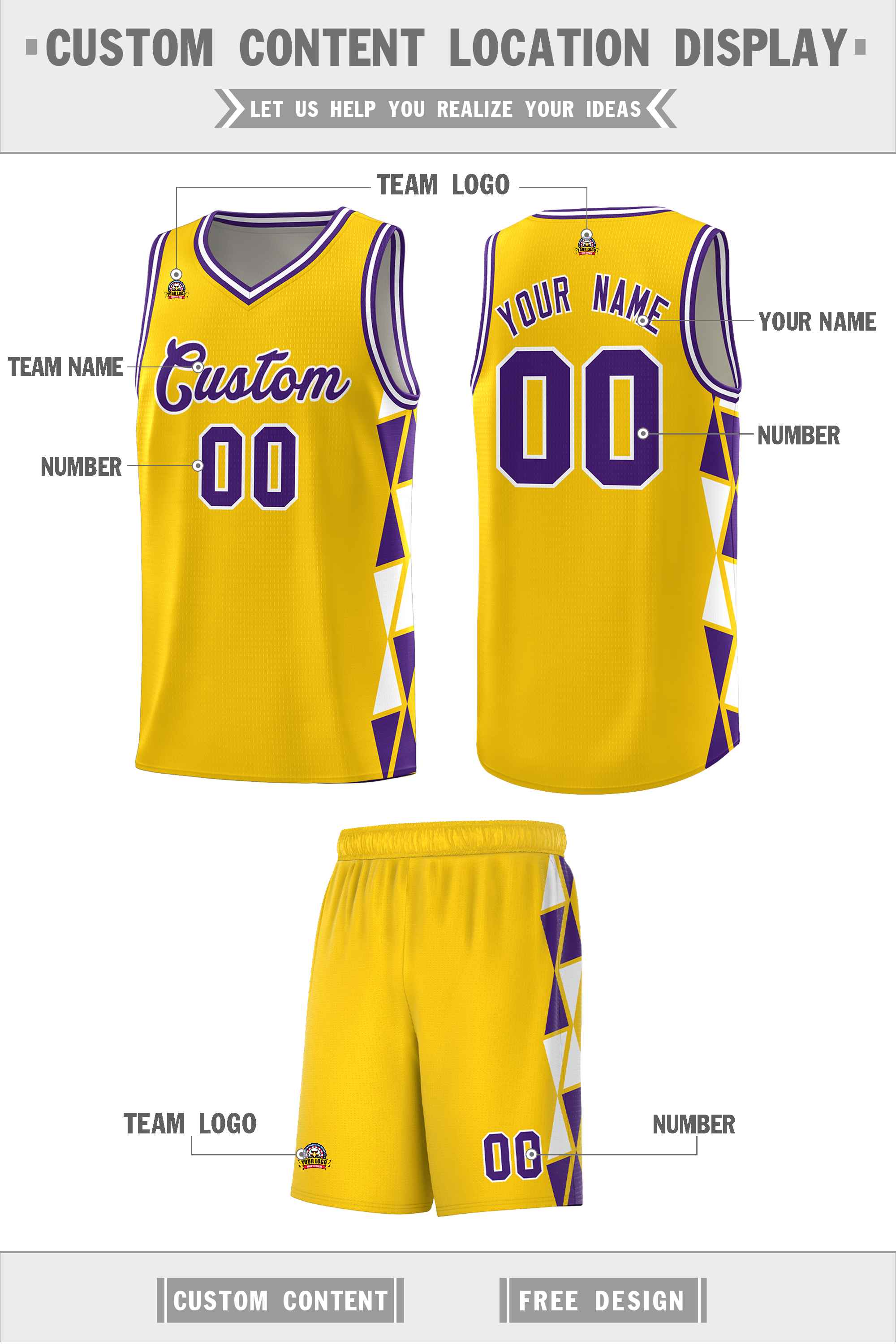 Custom Gold Purple-White Side Two-Color Triangle Splicing Sports Uniform Basketball Jersey