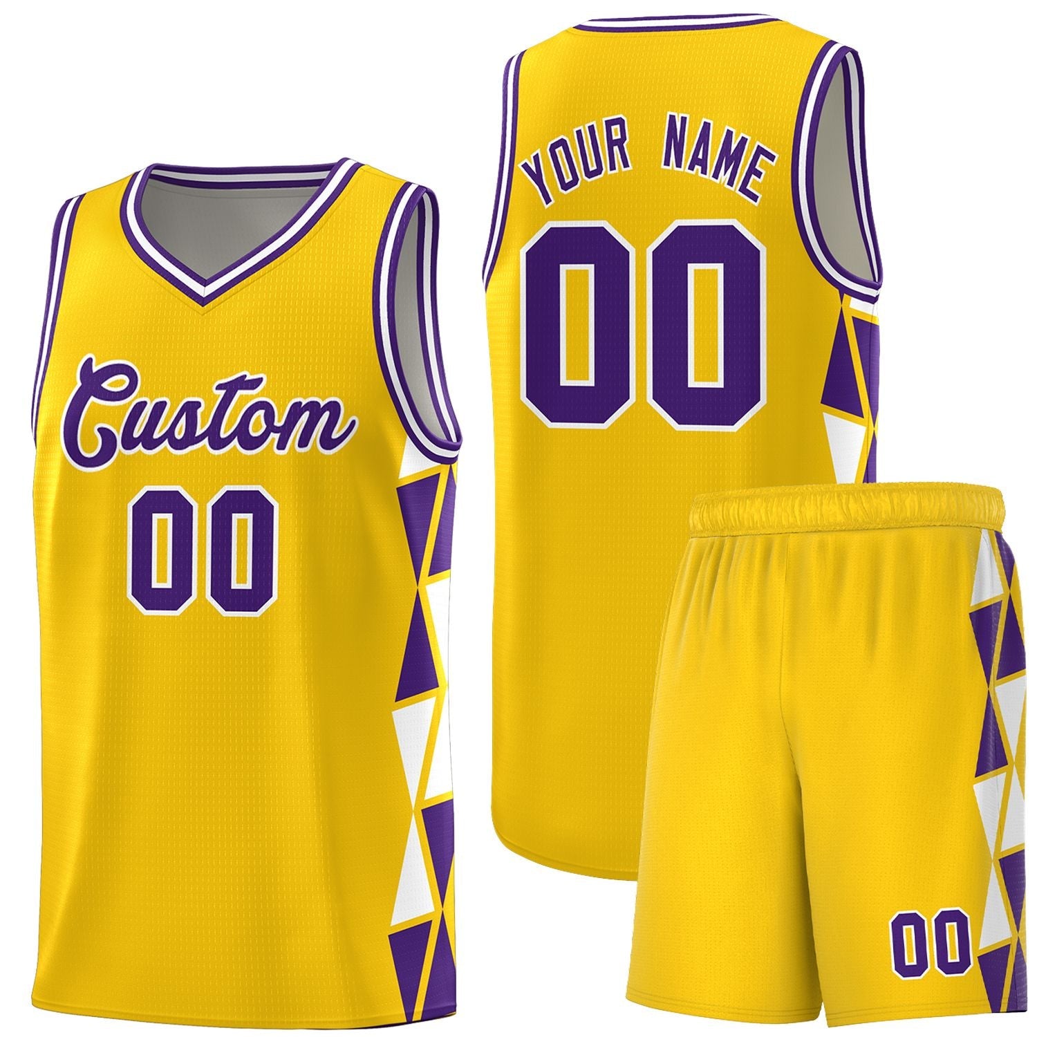 Custom Gold Purple-White Side Two-Color Triangle Splicing Sports Uniform Basketball Jersey