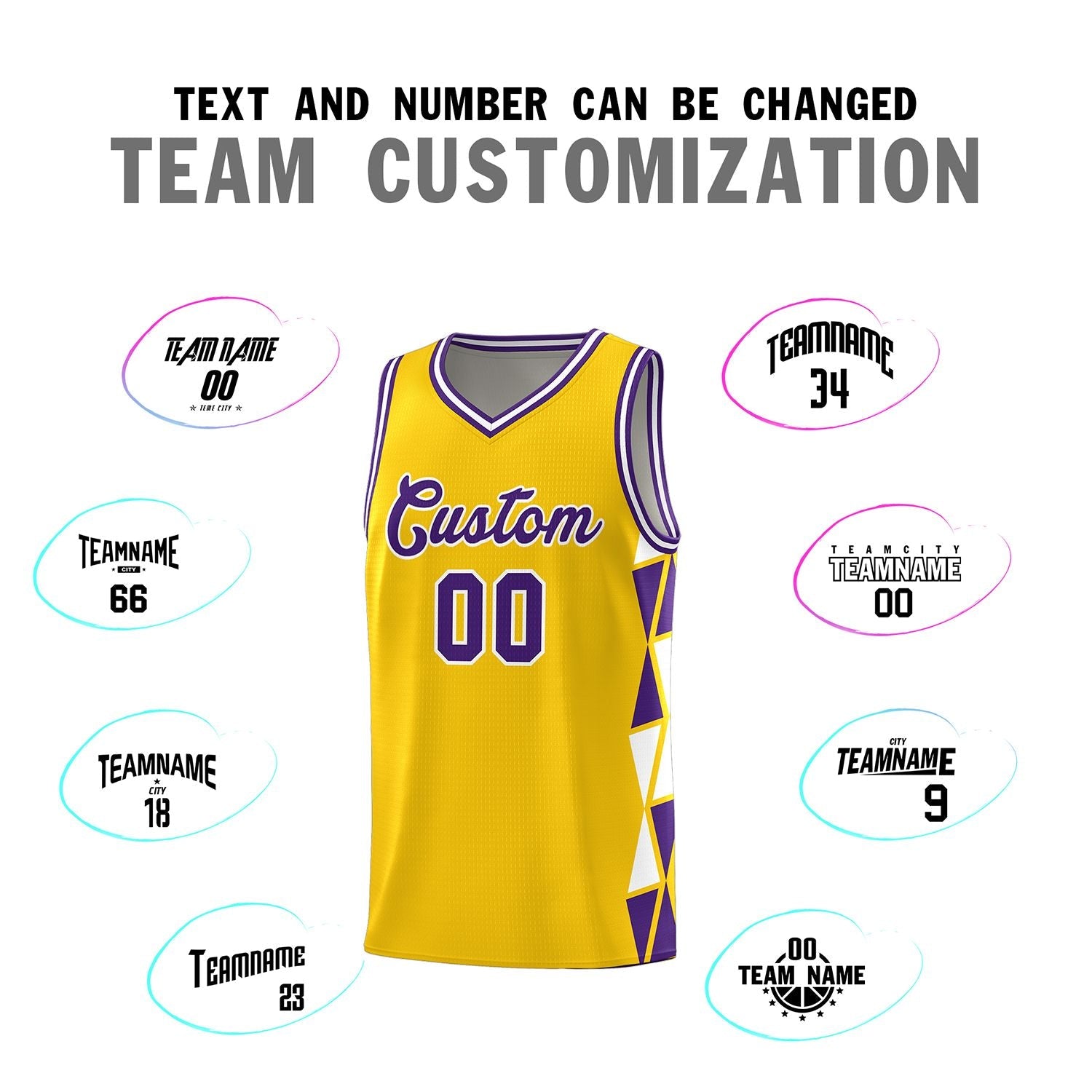 Custom Gold Purple-White Side Two-Color Triangle Splicing Sports Uniform Basketball Jersey