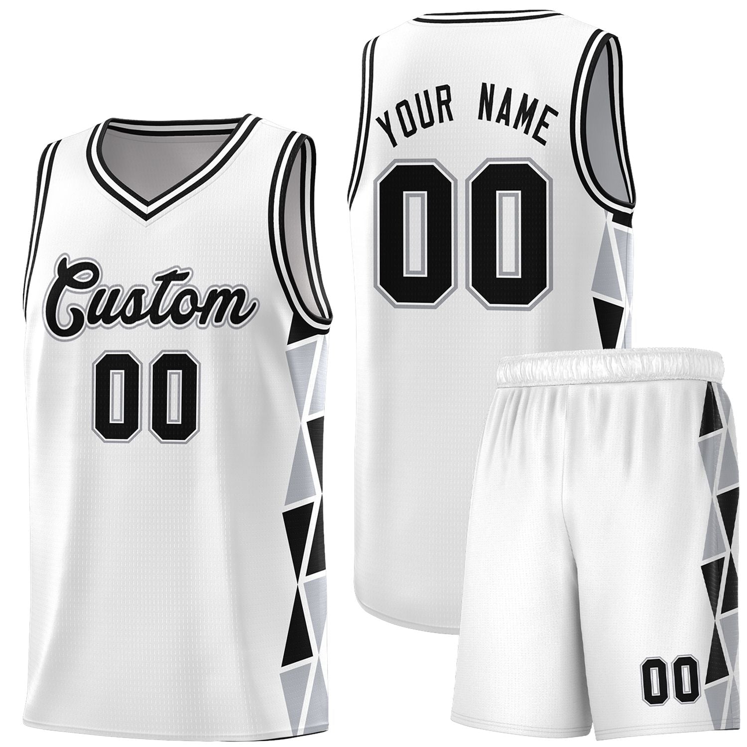 Custom White Black-Gray Side Two-Color Triangle Splicing Sports Uniform Basketball Jersey