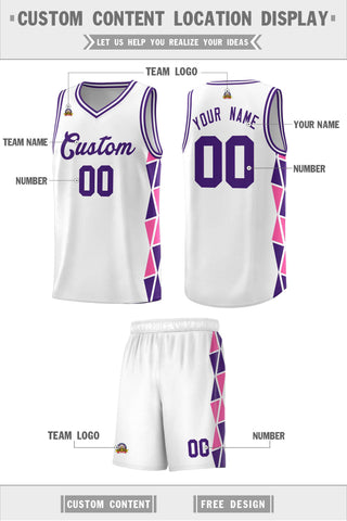 Custom White Purple-Pink Side Two-Color Triangle Splicing Sports Uniform Basketball Jersey