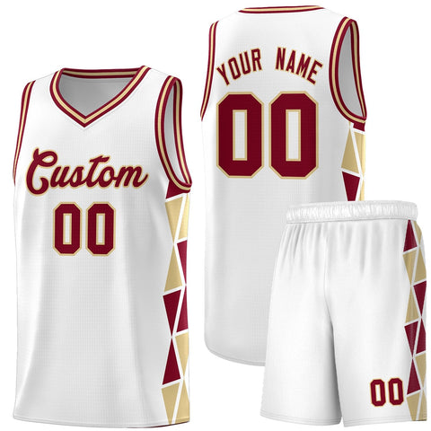 Custom White Crimson-Khaki Side Two-Color Triangle Splicing Sports Uniform Basketball Jersey