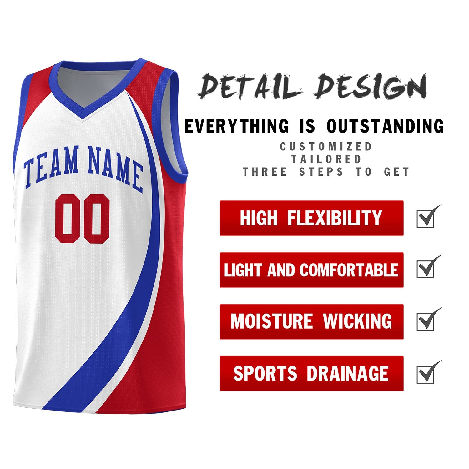 Custom White Royal-Red Color Block Sports Uniform Basketball Jersey