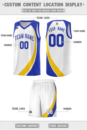 Custom White Gold-Royal Color Block Sports Uniform Basketball Jersey