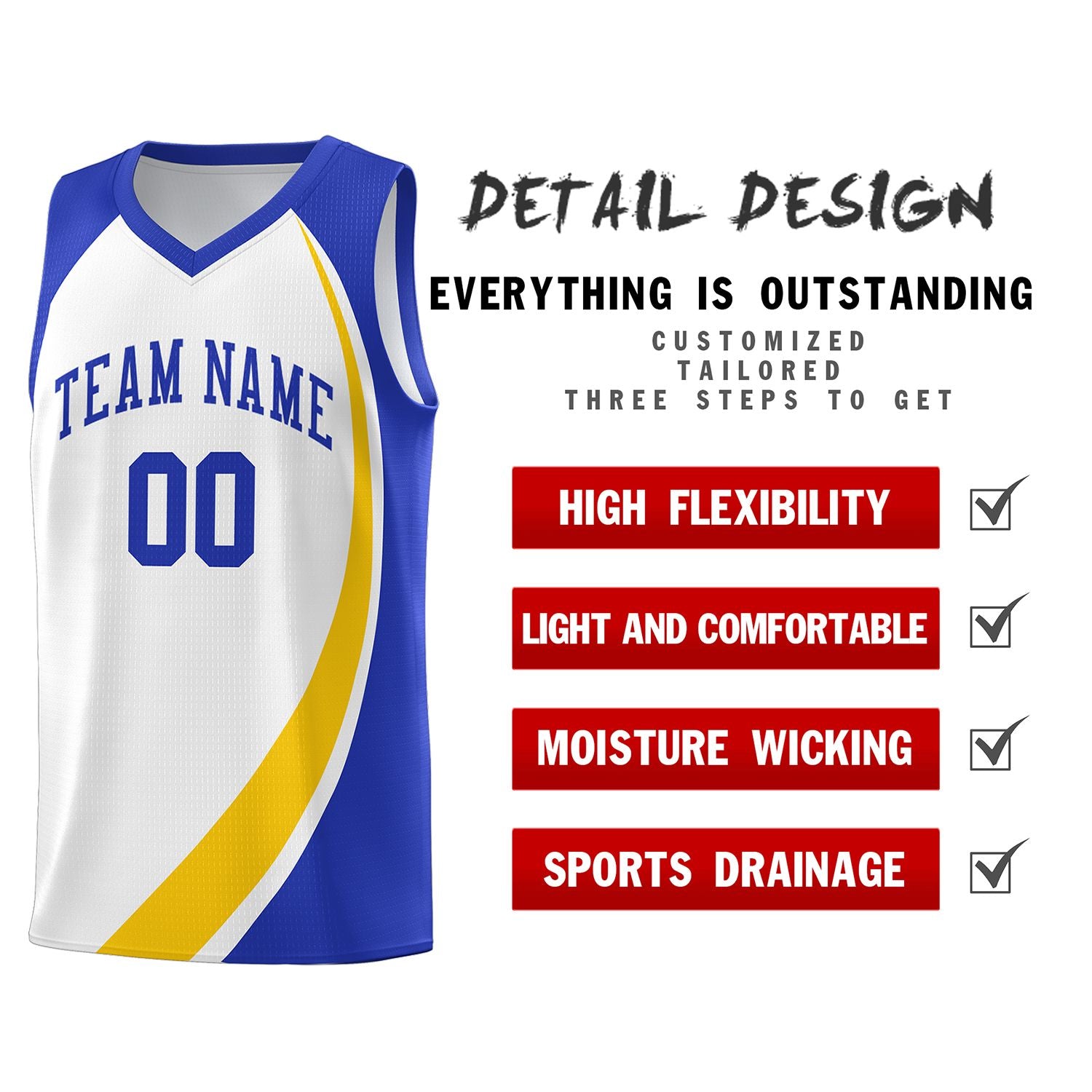 Custom White Gold-Royal Color Block Sports Uniform Basketball Jersey