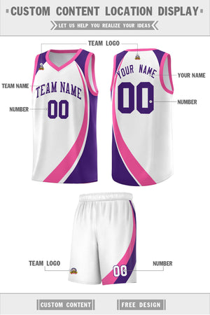 Custom White Pink-Purple Color Block Sports Uniform Basketball Jersey