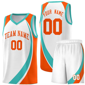 Custom White Aqua-Orange Color Block Sports Uniform Basketball Jersey