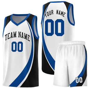 Custom White Royal-Navy Color Block Sports Uniform Basketball Jersey