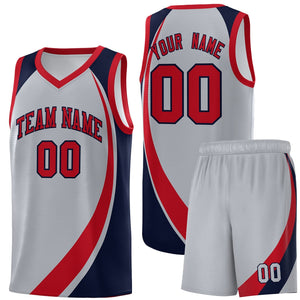 Custom Gray Red-Navy Color Block Sports Uniform Basketball Jersey