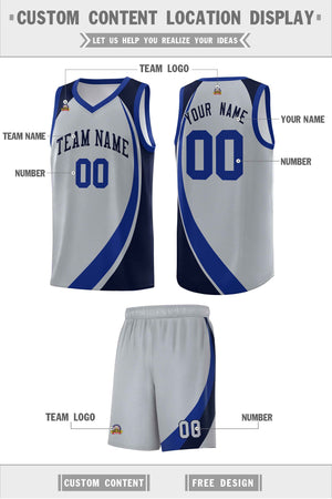 Custom Gray Royal-Navy Color Block Sports Uniform Basketball Jersey