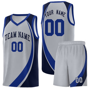 Custom Gray Royal-Navy Color Block Sports Uniform Basketball Jersey