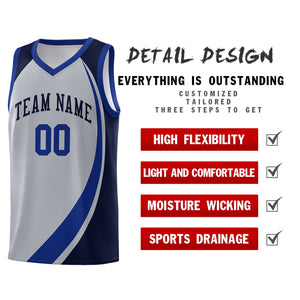 Custom Gray Royal-Navy Color Block Sports Uniform Basketball Jersey