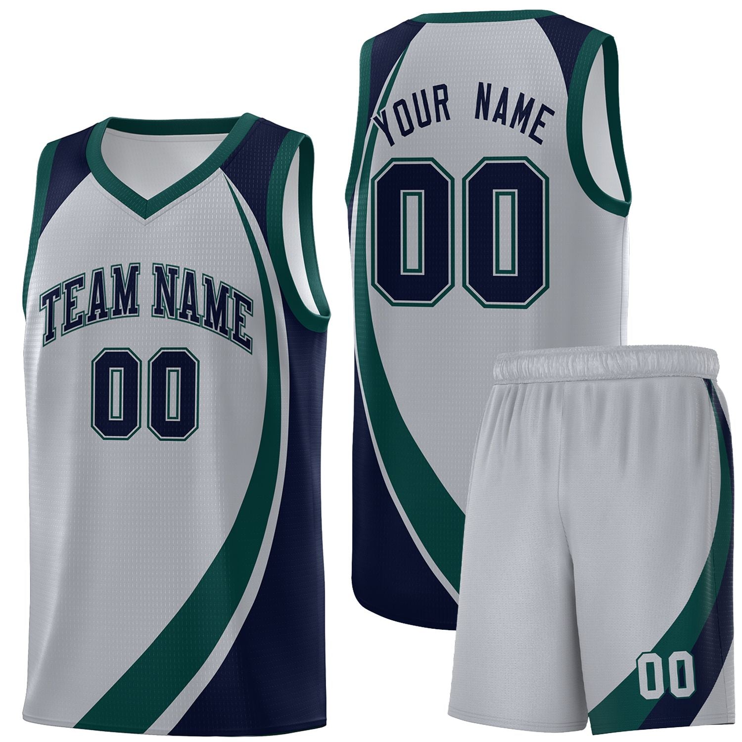 Custom Gray Midnight Green-Navy Color Block Sports Uniform Basketball Jersey