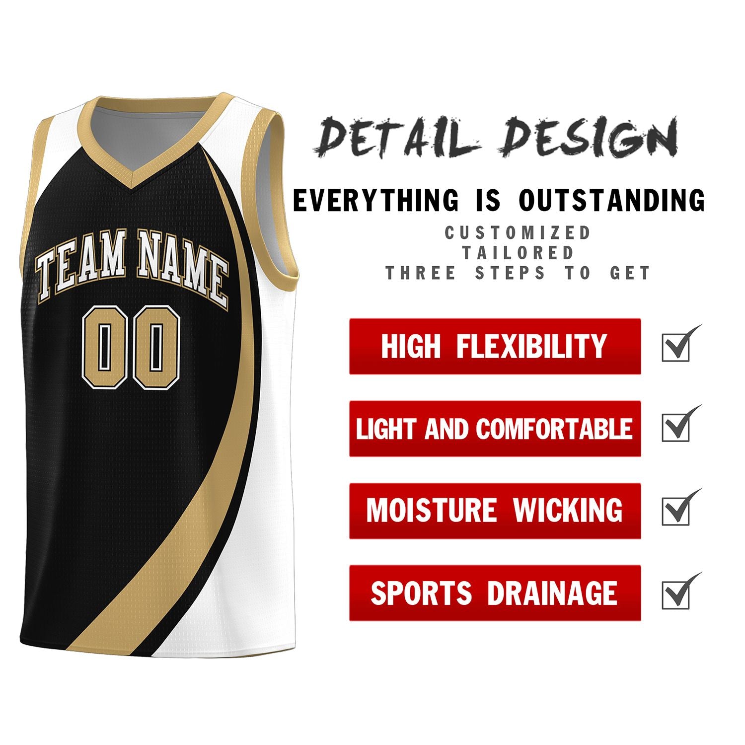 Custom Black Old Gold-White Color Block Sports Uniform Basketball Jersey