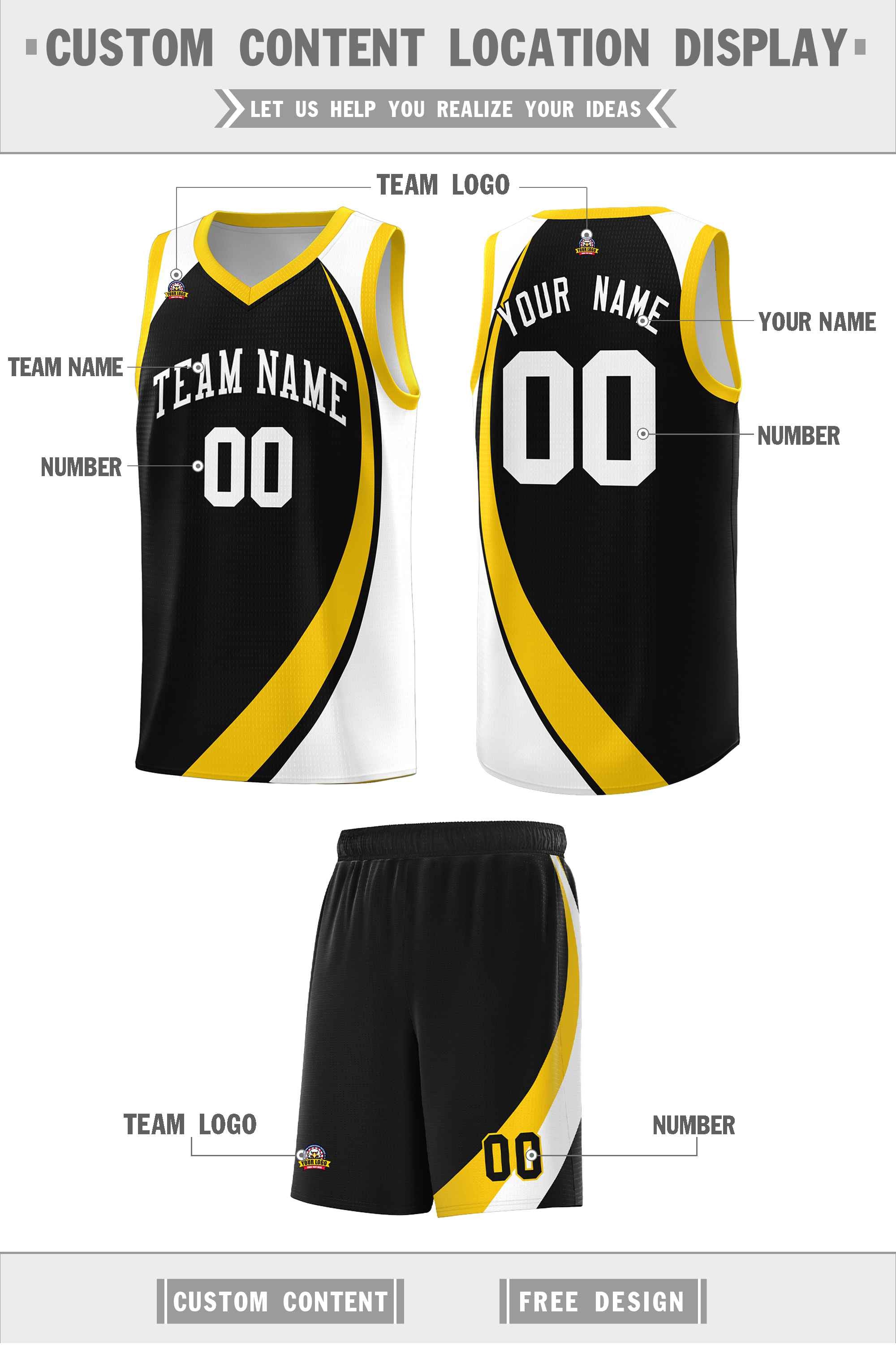 Custom Black Gold-White Color Block Sports Uniform Basketball Jersey