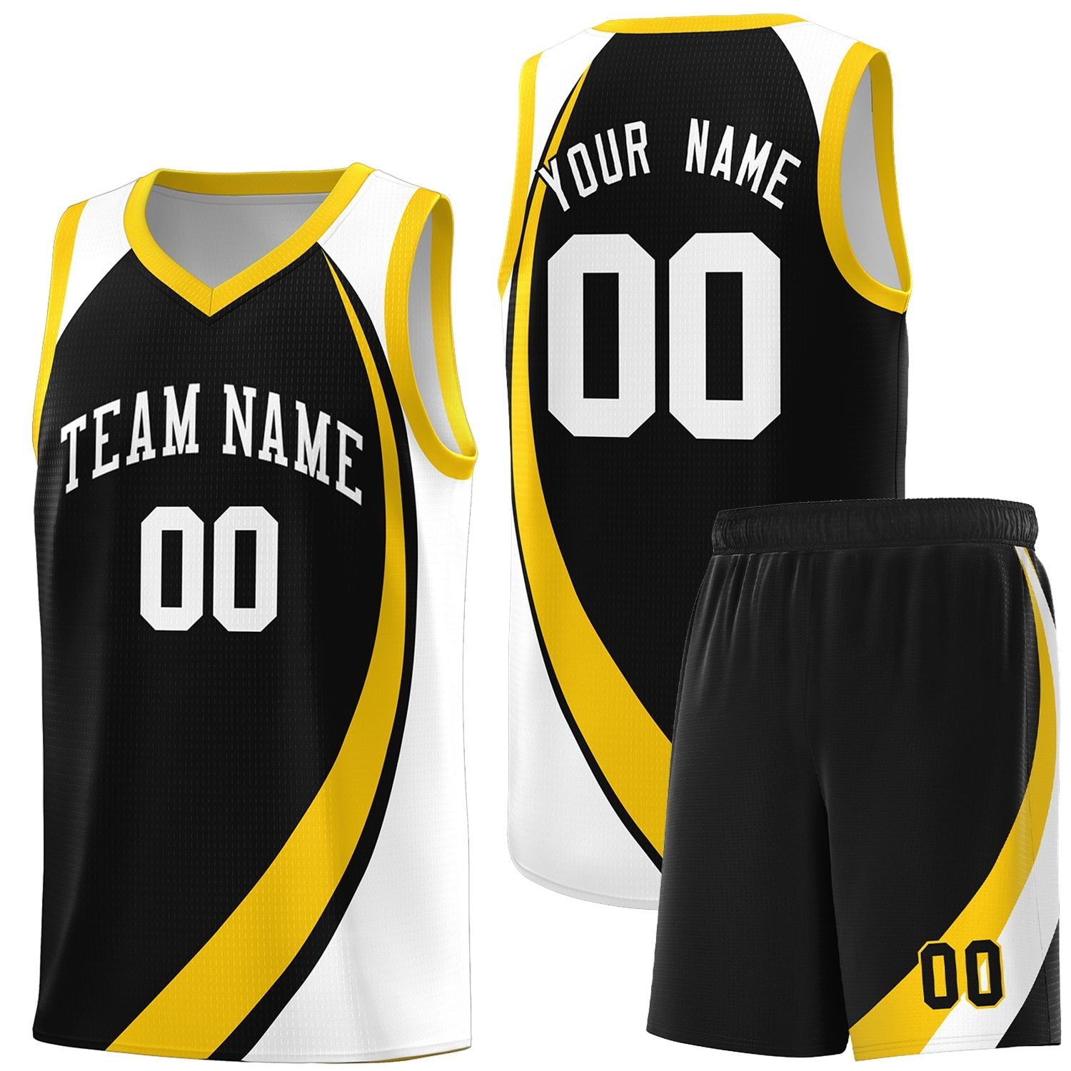 Custom Black Gold-White Color Block Sports Uniform Basketball Jersey