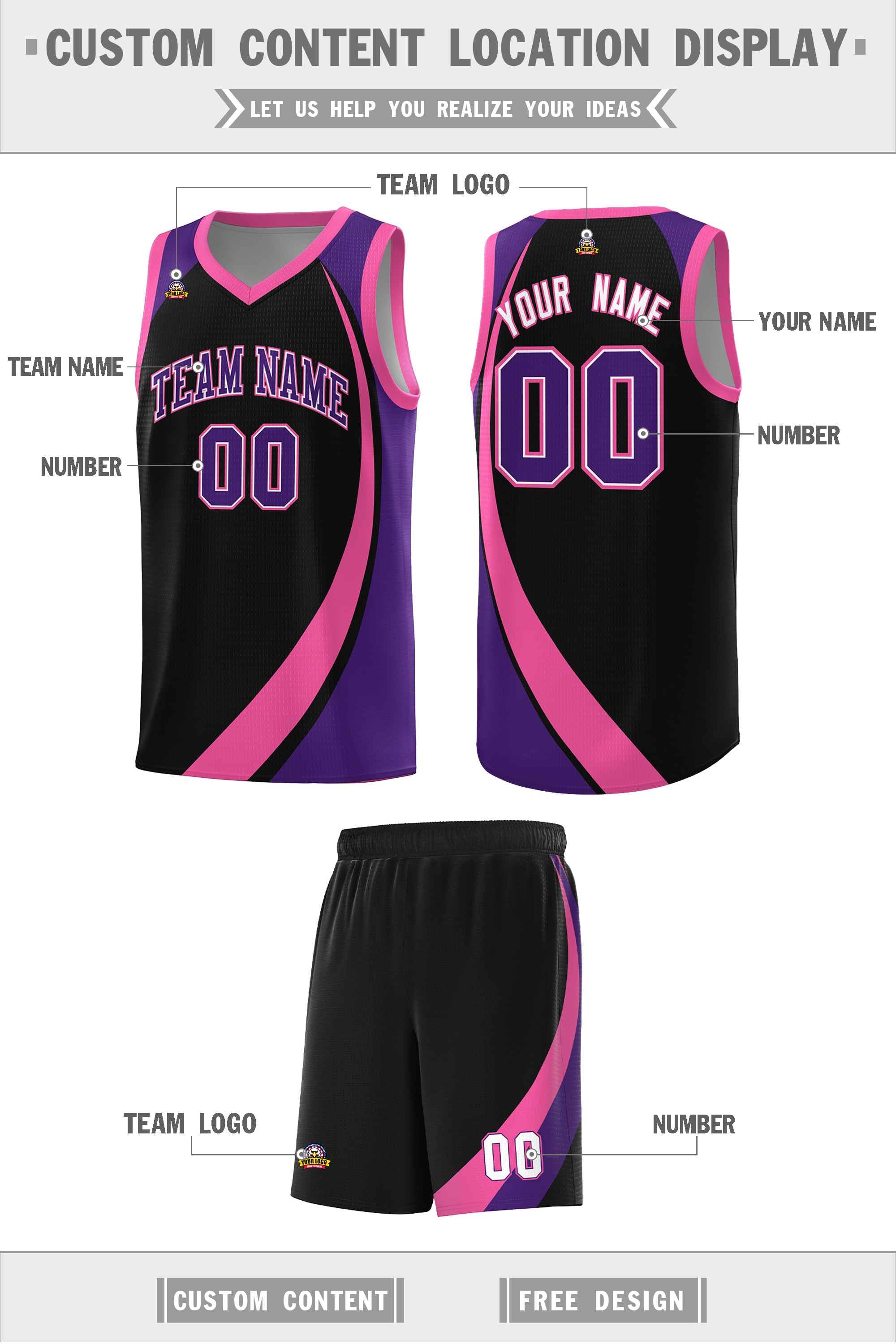 Custom Black Pink-Purple Color Block Sports Uniform Basketball Jersey