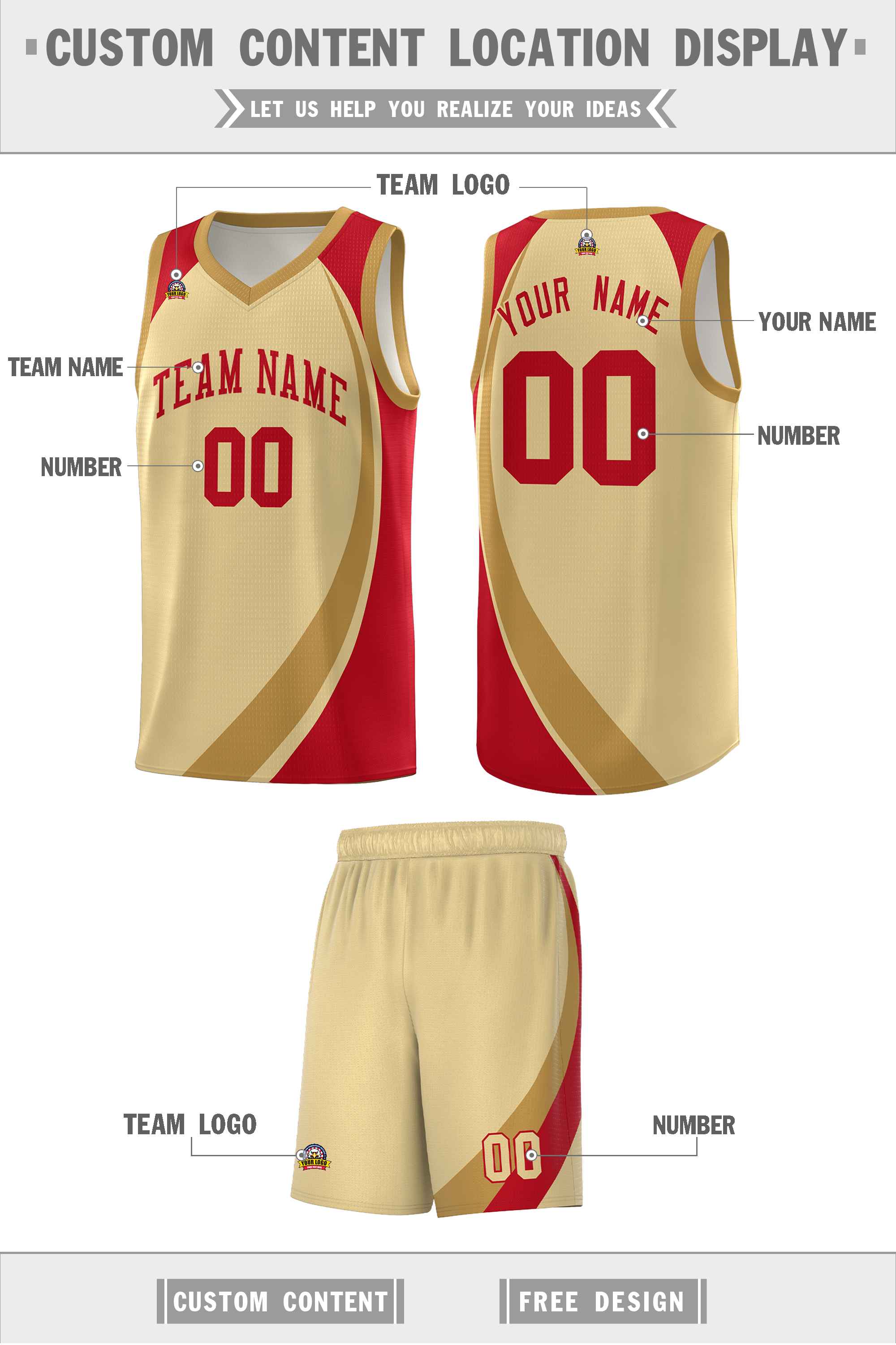 Custom Khaki Old Gold-Red Color Block Sports Uniform Basketball Jersey