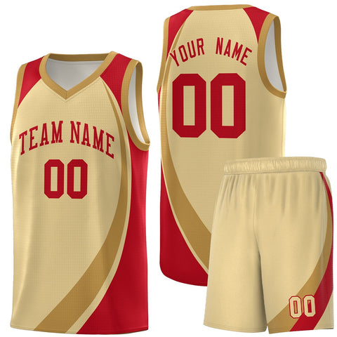 Custom Khaki Old Gold-Red Color Block Sports Uniform Basketball Jersey
