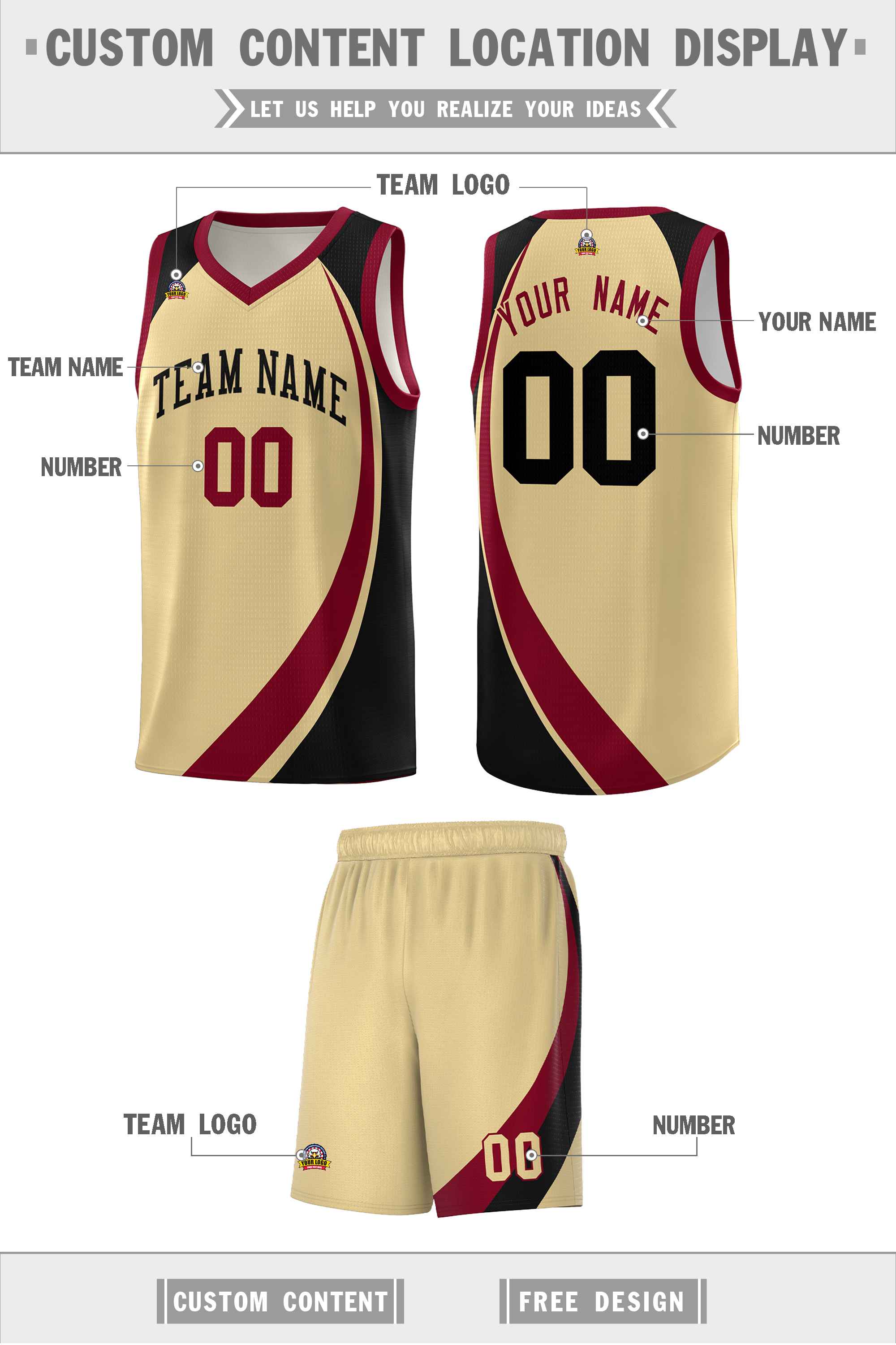 Custom Khaki Crimson-Black Color Block Sports Uniform Basketball Jersey