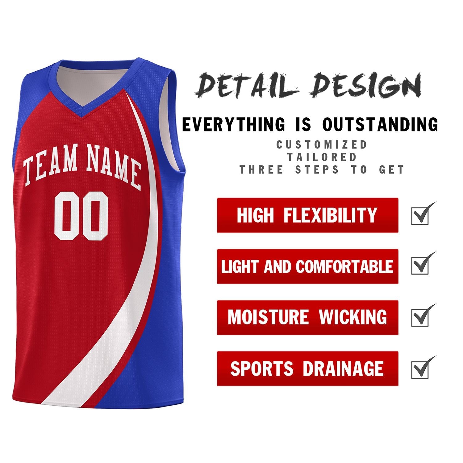 Custom Red White-Royal Color Block Sports Uniform Basketball Jersey